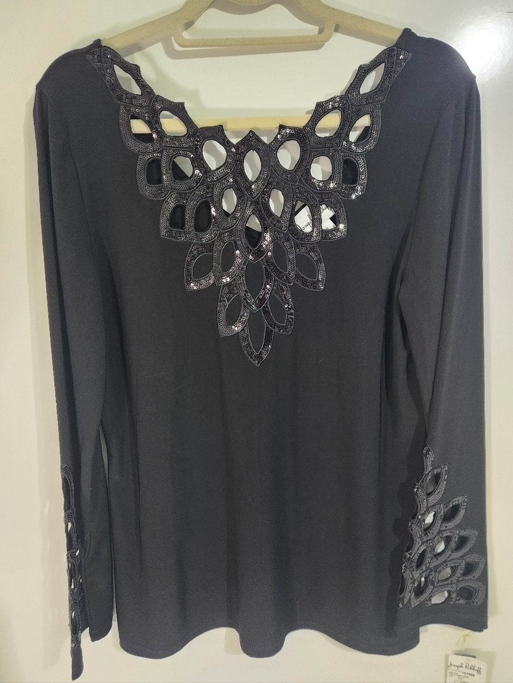 Joseph RIBKOFF Embellished Black Long Sleeve Top with Cutout Neck,  Size 12
